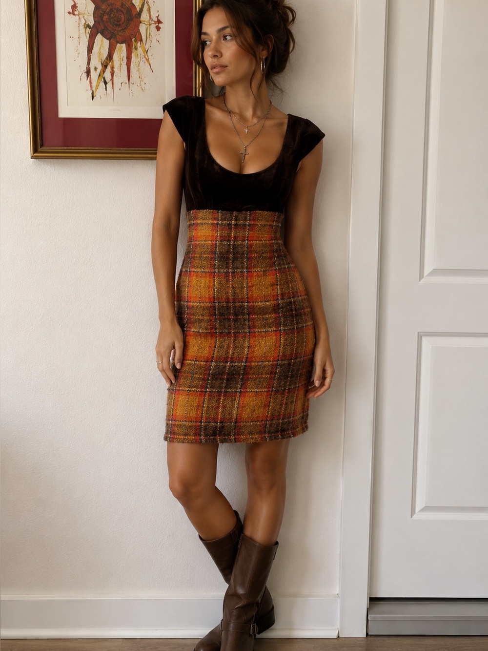 Betsey Johnson Black Velvet Top Orange Plaid Wool Dress vintage